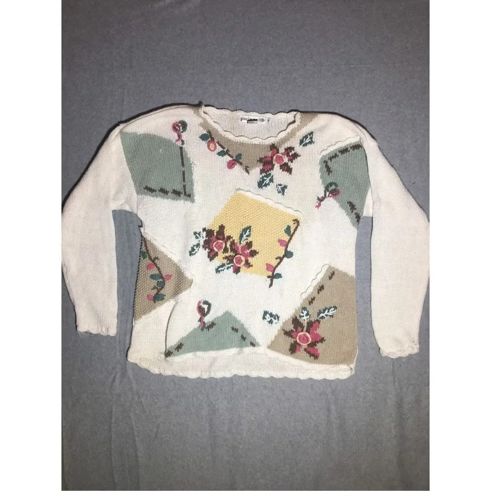 Womens Paris Smith Sweater Size Medium Cotton Blend Textured Floral Grandma